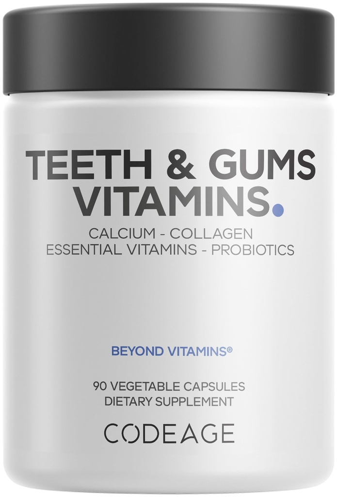 Codeage Teeth & Gums Vitamine + Oral Probiotics Supplemento per Mouth - Calcium alimentare intero, collagene, potassio, vitamina C, D3, K2, Zinc – Oral Care & Dental Multivitamin Supplements - 90 Capsule