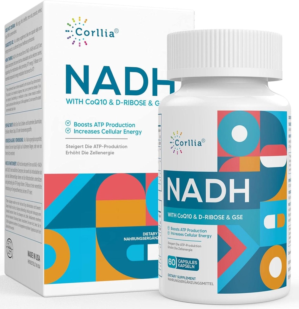 NADH + CoQ10 + D-Ribose Supplement, Enhance NAD+ Supplement for Energy, Fatigue , 60 Capsules