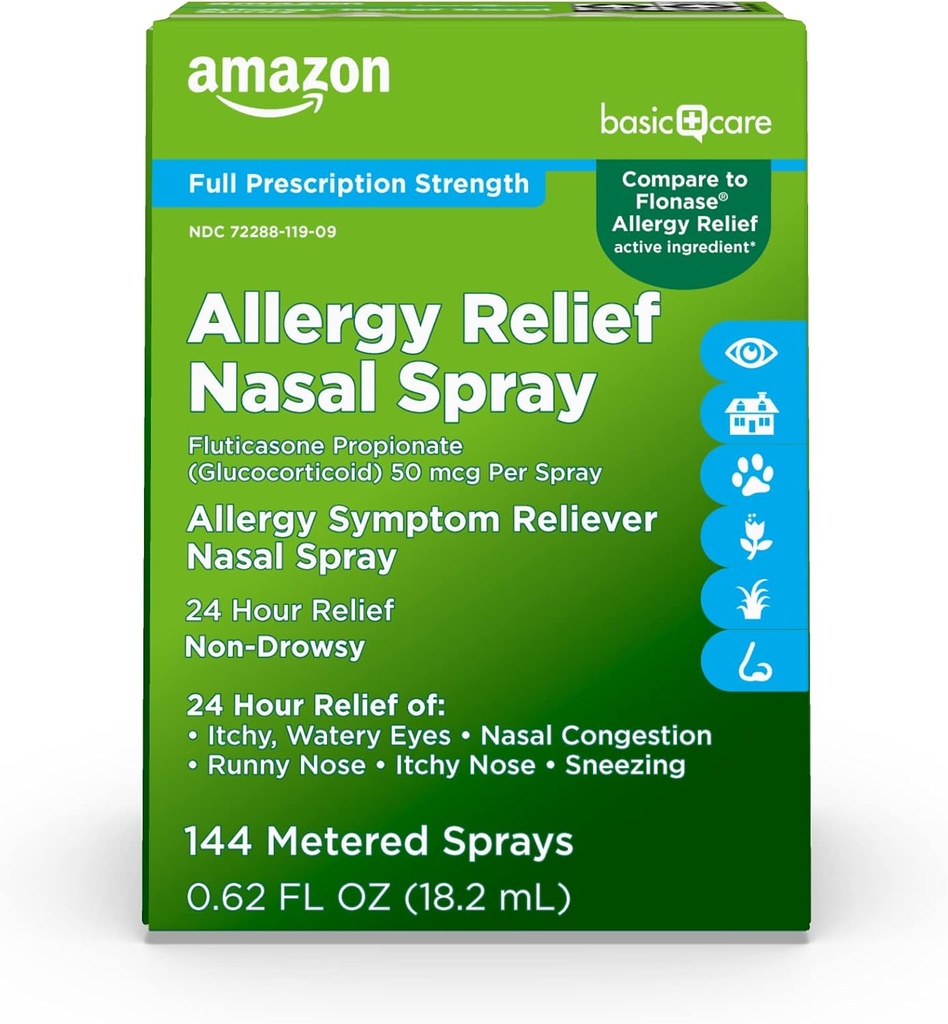 Cura di base 24-Hour Allergy Relief Nasal Spray, Fluticasone Propionate (Glucocorticoide), 50 mcg, Full Prescription Strength, Non-Drowsy, 0.62 fl oz (Pack of 1)
