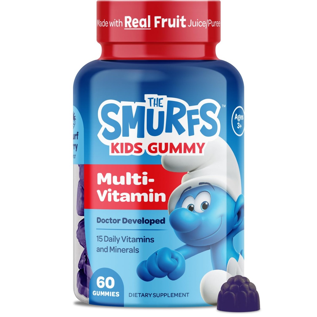 Schtroumpfs Enfants Gommies multivitamines (Multivitamines) Gommies multivitamines pour enfants avec 15 vitamines et minéraux (Multivitamines et Minéraux) Fabriqués avec des fruits réels (Multivitamines et Minéraux) Docteur Développé (Médecin) Non-OGM et pas d'arôme ou de couleurs artificiels (Multivitamines et Minéraux) 60 Gommies