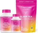 Pink Stork Grossesse Bundle: Vitamine prénatale avec DHA et folate, Probiotiques prénatals pour femmes enceintes, Thé de sommeil sans mélatonine, Grossesse doit avoir pour chaque trimestre, Ensemble de 3