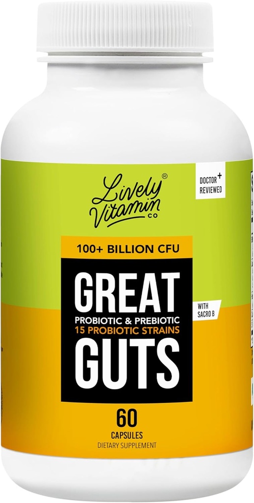 VITAMIN VITAMIN CO. Great Guts Probiotic - 100 milliards CFU Probiotic - Balance Gut Microbiome, GI Tract, Inflammation, indigestion, reflux, estomac relevé et diarrhée - 60 capsules
