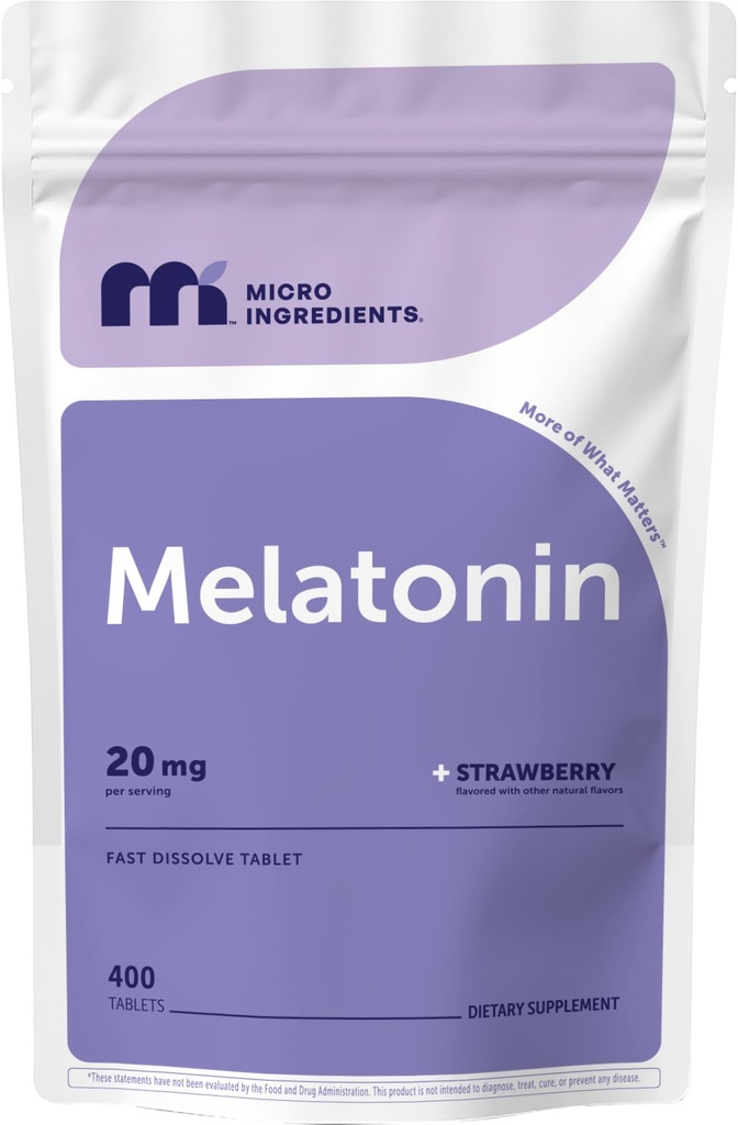 Micro Ingredienti Melatonin 20mg, 400 compresse | Sapore di fragole | Fast Dissolve | 100% Droga Free | Per vegetariani | Non OGM, No Gluten, Sugar Free