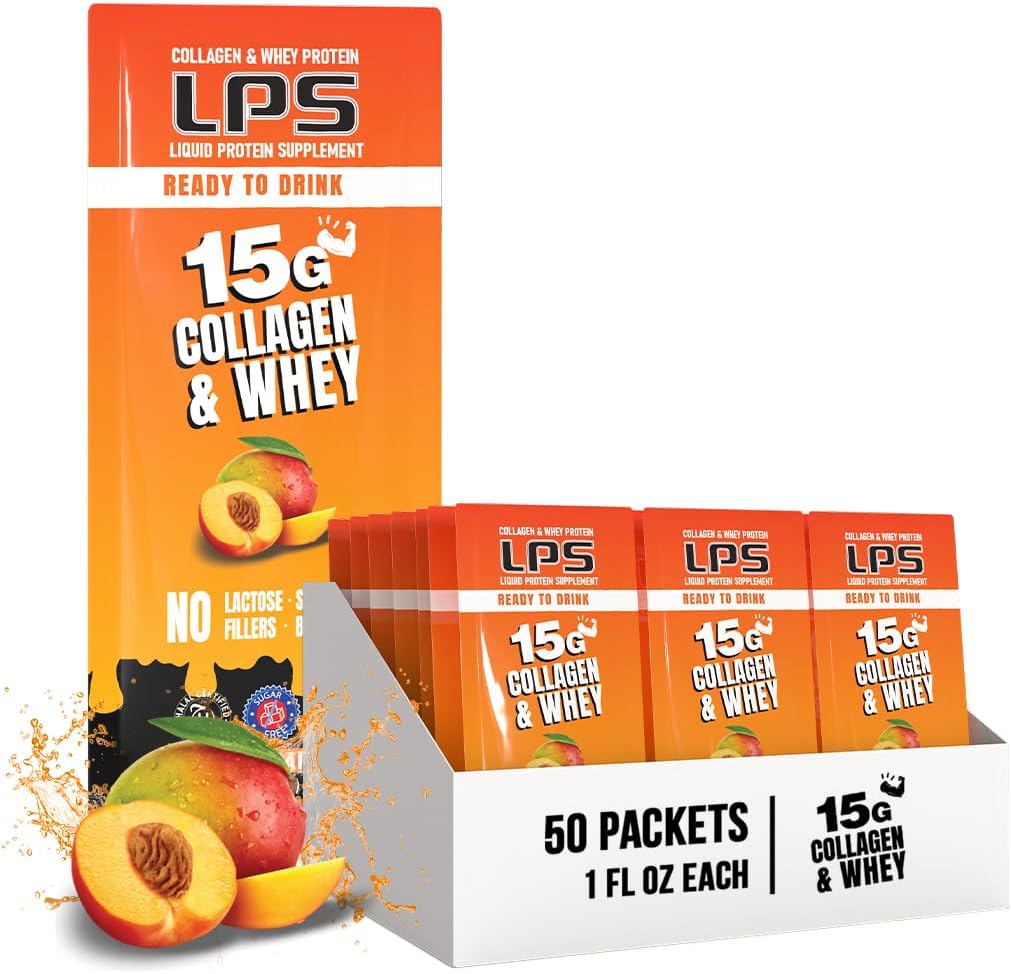 LPS Liquid Collagen & Whey Protein Supplement - Non OGM Drink, Sugar-Free - Promuove la pelle sana & capelli per gli uomini e le donne, Peach Mango, Single Serve (50 Packets)
