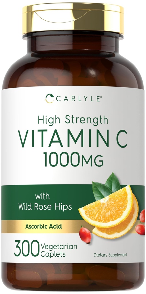 Carlyle Vitamin C 1000mg | 300 Caplets vegetariani | Acido ascorbico con Wild Rose HIPS | Formula ad alta resistenza | Non OGM e Gluten Supplemento gratuito