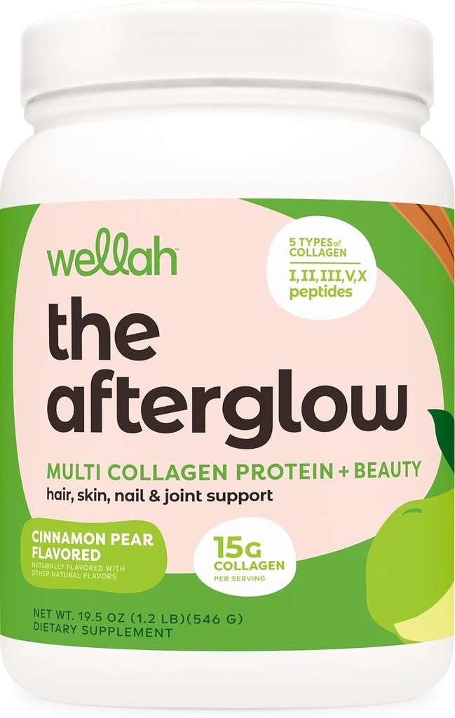 Wellah The Afterglow Multi Collagen Protein + Beauty (30 Serve, Cinnamon Pear) - Hair, Skin, Nail & Joint Support - Non OGM e Gluten Free