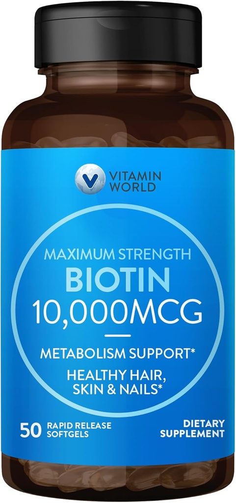 Vitamina Mondo Ultra Mega Biotin 10.000 mcg. 50 Softgels, Vitamina B, Supporta capelli sani, pelle e unghie, Rapid-release, Gluten Free