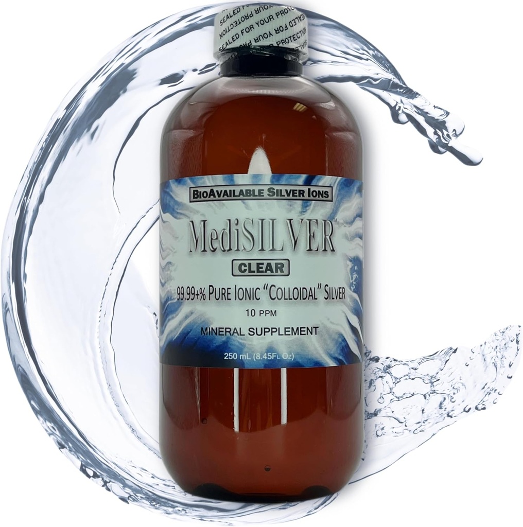 Supplément diététique en argent colloïdal ionique transparent MedISILVER - 250 mL (8,45 Fl Oz) dans une bouteille en plastique ambré sans BPA