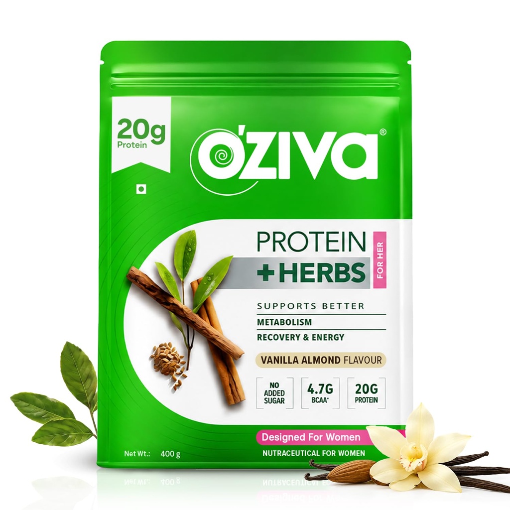 OZIVA Protein & Kräuter für Frauen | 1.1 Lbs (500 gm) mit Multivitaminen, Curcumin, Shatavari, Tulsi für verbesserten Metabolismus, Hormonal Balance & Skin, Haargesundheit, Vanilla Almond (1.1 lb)