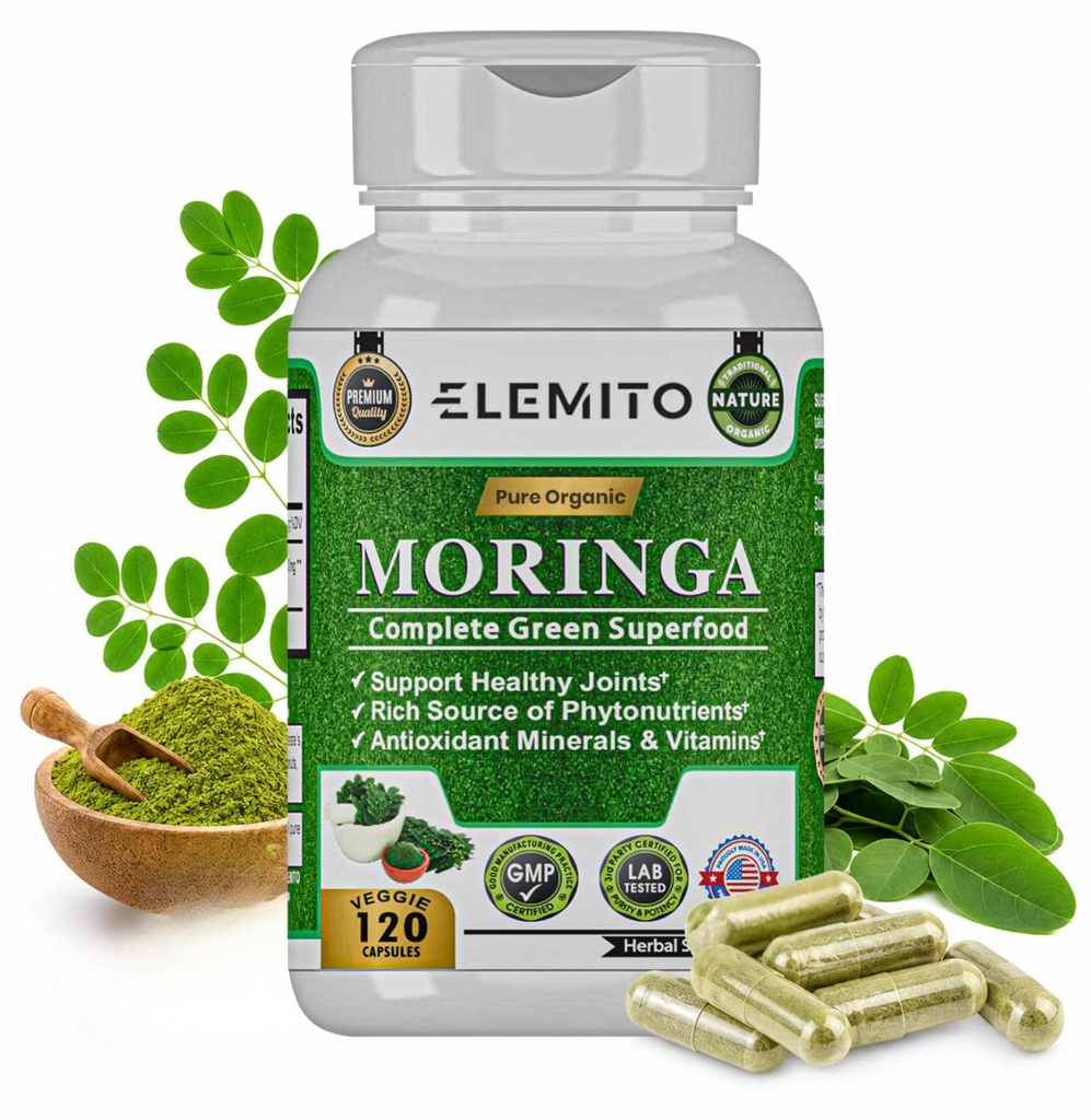 Moringa Capsules, Pure Leaf Powder, Green Superfood, Énergie, Métabolisme, & Immune Support, Non-OGM, Vegan, Sans gluten - 120 Capsules