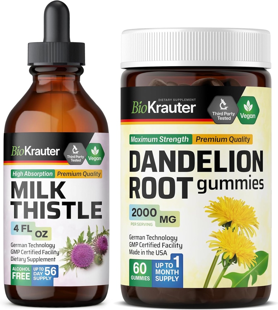 BIO KRAUTER Latte Thistle Tincture 4 Fl. Oz. & Dandelion 60 Gummies