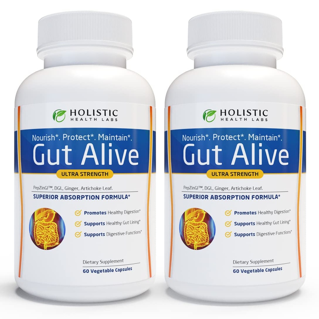 Gut Alive - Tutto il supporto naturale per combattere IBS, bruciore di stomaco, indigestione acida, riflusso acido, Bloating & Gas. Formulazione unica (60 Conte (Pack of 2))