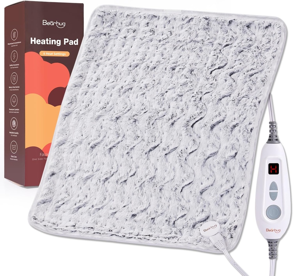 Bearhug XL Elektrisches Heizkissen 20''x24''' Doppel-Sided Faux Fur Heated Pad, 6 Heat Levels, 2H Auto-Off, Moist & Dry Heat Therapy for Back Pain Relief, Machine Washable, ETL Certified, Geschenkbox