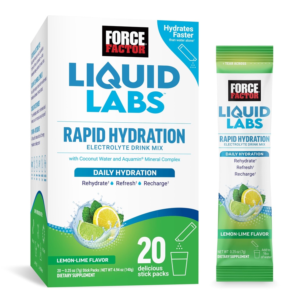 FACTEUR DE FORCE Laboratoires liquides Electrolytes Packs en poudre—Lime de citron—Paquets d'Hydration pour faire de l'eau d'électrolyte avec 5 électrolytes essentiels, vitamines, minéraux et antioxydants, boîtes de 20 bâtons