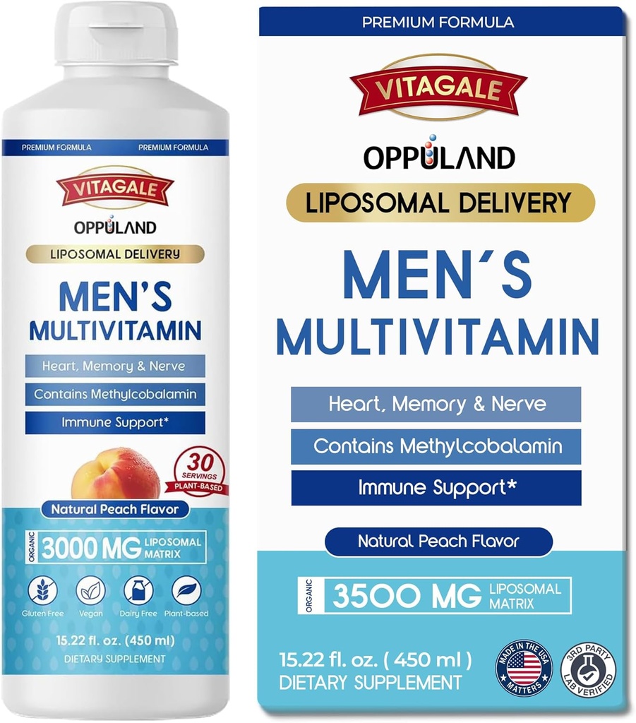 Multivitamina degli uomini - Supplemento liquido - Consegna Liposomica - Vitamina Multi giornaliera con Biotin B Complex Omega-3 - Vitamina di sostegno per capelli e unghie - Sapore di pesca - 3000 mg per porzione - 450 mL