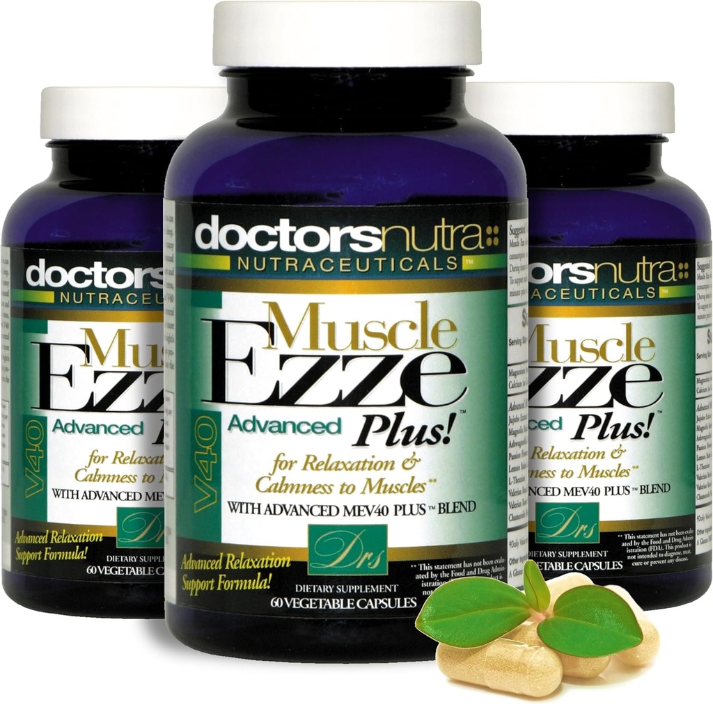Packung mit 3 natürlichen entspannenden Muskel Ezze Plus Advanced Day-Time Night-Time 24-7 Maximum Strength Capsules.