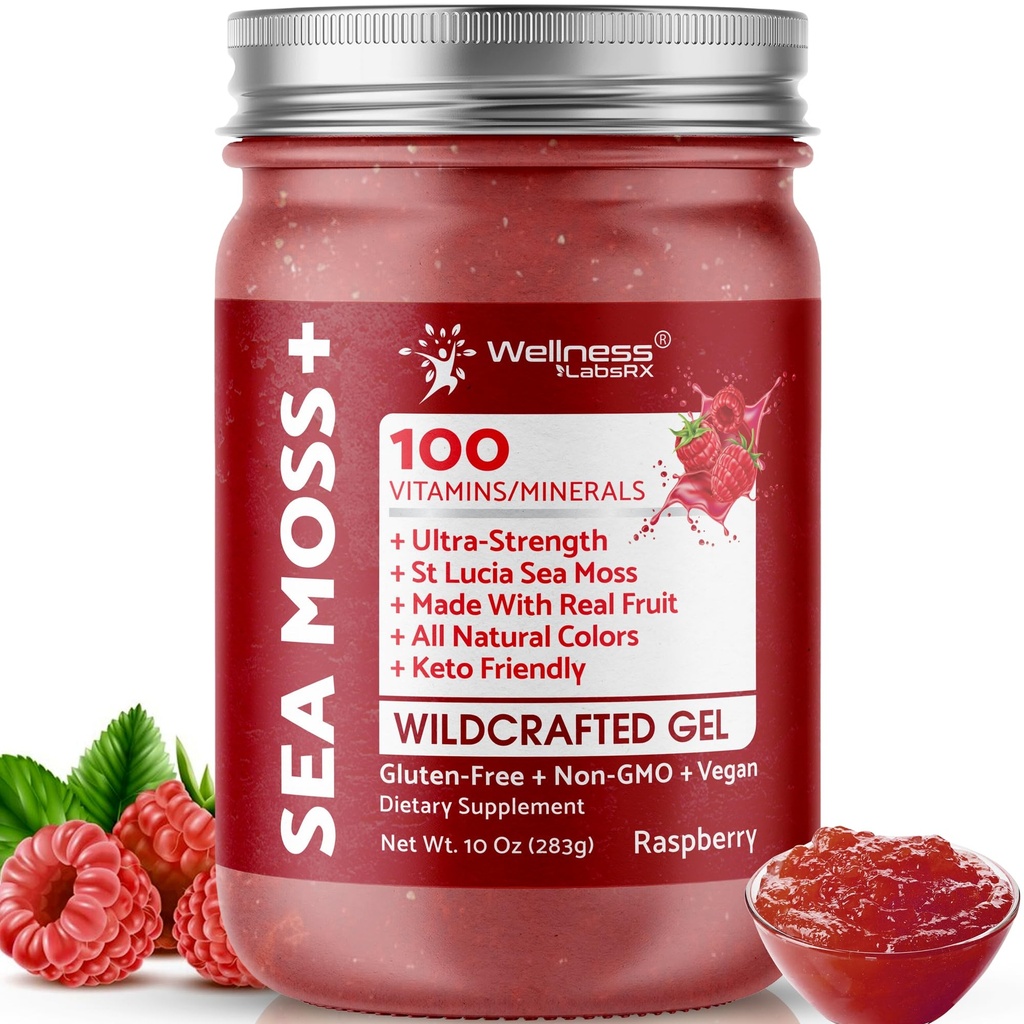 WELLNESS LABSRX Irish Sea Moss Gel Raw - Wildcrafted Superfood Seamoss Gel - Raspberry Flavor, Vitamina e Mineral-Rich da Pristine Caribbean Waters, Immune e Digestive Health Support - 10 oz.