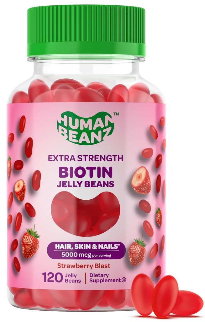 Biotin Jelly Bean Gummy Vitamine, Extra Strength Biotin für Haare, Haut und Nägel, 5000mcg pro Servierung, Haarwachstum Vitamine für Männer und Frauen, 120 Erdbeer Blast Jelly Beans, Kosher