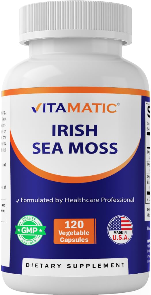 Vitamatic Irish Sea Moss – 120 Vegetarische Kapseln mit Blasen- und Burdockwurzel - Seamoss Supplement für Schilddrüse, Energie & Immununterstützung
