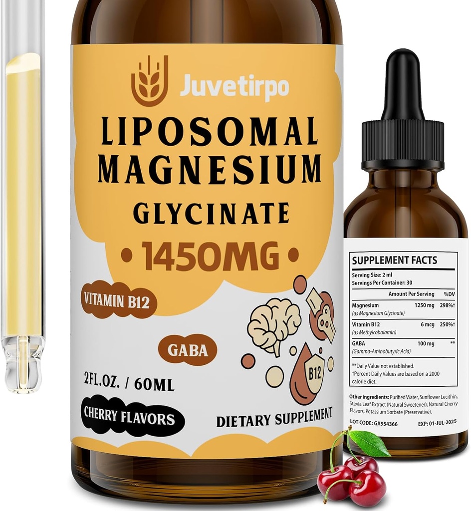 Magnesium Glycinate Liquid Drops - Liposomal Chelate mit Kirschen Geschmack für einfache Absorption, fördert Schlaf, Stimmung, Darm & Knochen Gesundheit, reduziert Stress - 60ML (2.04 Fl Oz (Pack von 1))