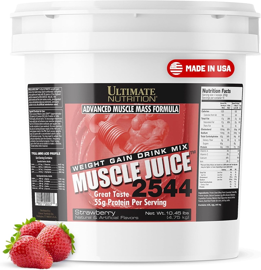 Ultimate Nutrition Muscle Juice, Weight Gain Drink Mix - Masse Gainer Workout Powder for Men & Women - Supplement für Lean Muskelwachstum & Immununterstützung mit 55g Protein - Erdbeere, 10.45lb