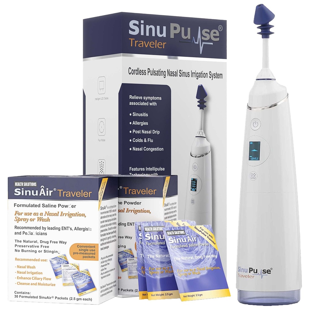 SinuPulse Traveler avec 90 packets Sinuair - Sans fil Pulsating Nasal Irrigation Sinus Rinse System, Space Saving Cleaner & Relief Machine pour voyager, plus efficace que Neti Pot ou bouteille de pulvérisation de nez