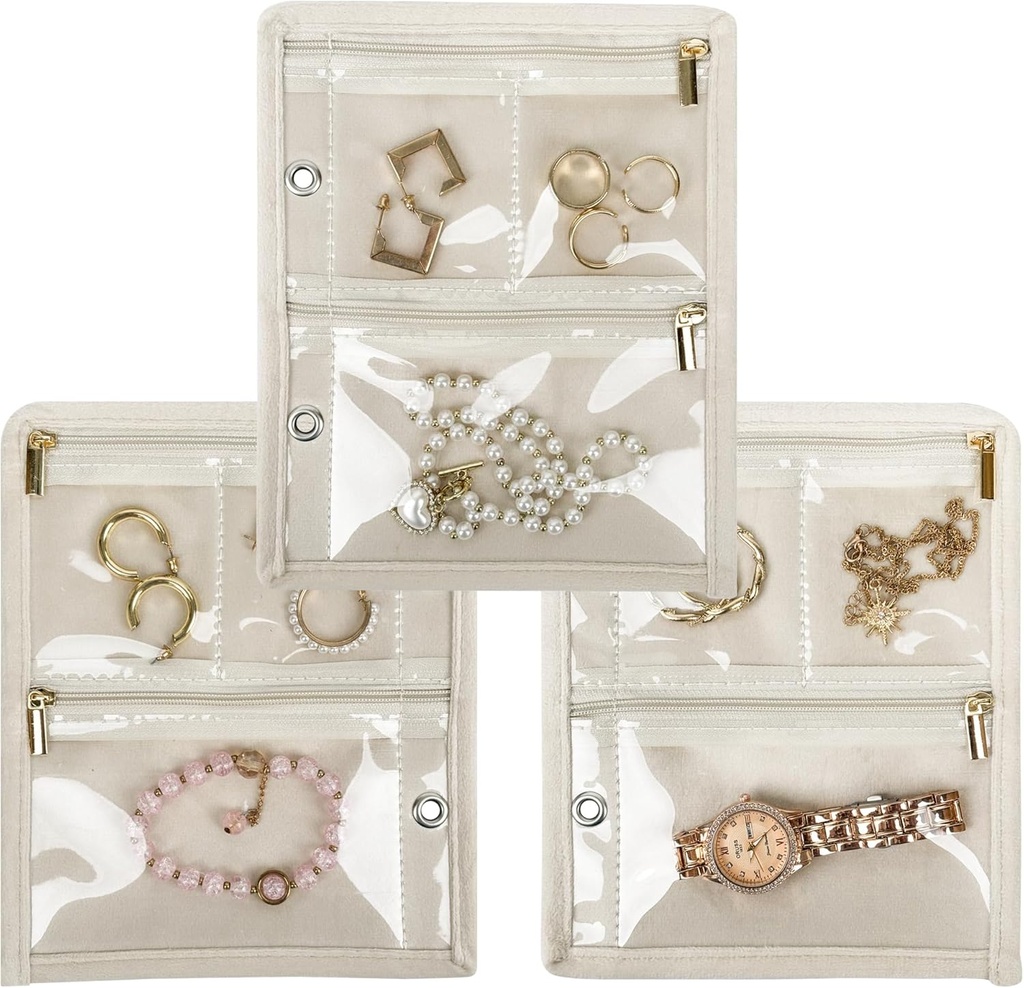 Travel Jewelry Organizer Case, Jewelry Bags Jewelry Storage Book Binder with Clear Zipper Velvet Pouch for Traveling,Earrings, Rings, Necklace, Bracelet (Inner Pages,Beige,3 PCS)