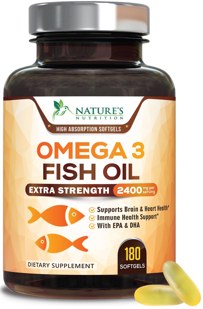 Omega 3 Fish Oil 2400 mg – Triple Strength EPA & DHA Fettsäuren für Herz, Gehirn & Gelenkunterstützung – Wild-Caught, Burpless, Lemon Flavor Supplement – Natural, Non-GMO, Gluten-Free – 180 Softgels