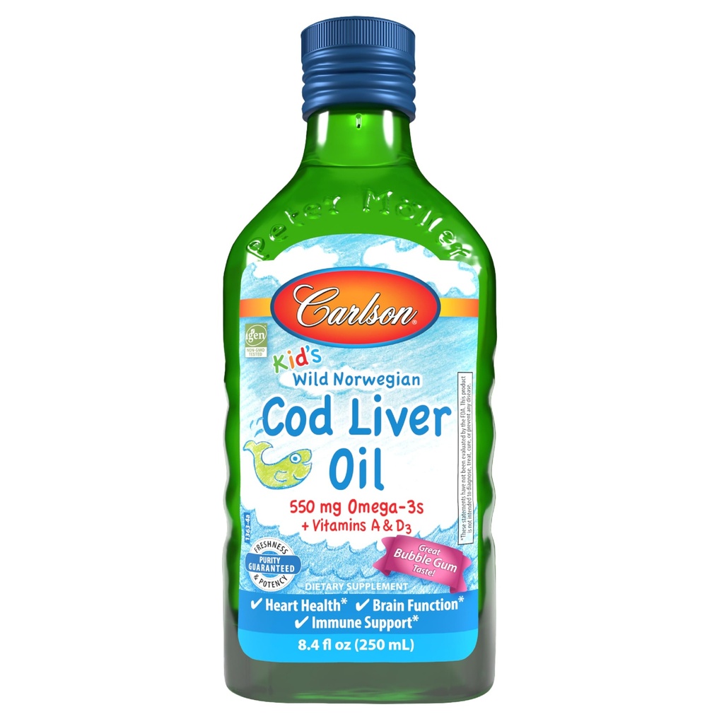Carlson - Olio di fegato di cod del bambino, 550 mg Omega-3s, Vitamine A & D3, Norvegese selvatico, Gomma di bolla, 250 mL