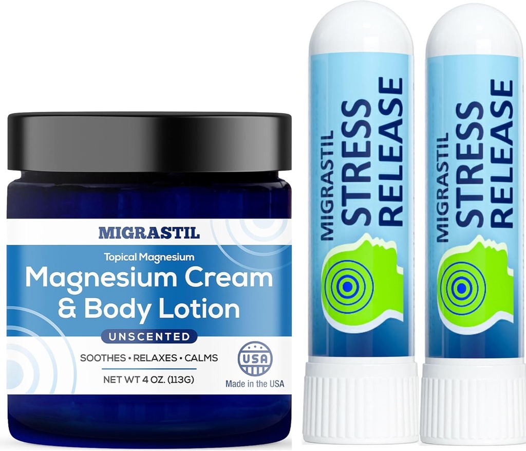 MIGRASTIL Crema di Magnesio non accentata e Stress Rilasciare Inhaler 2-Pack Bundle. Realizzato negli Stati Uniti.
