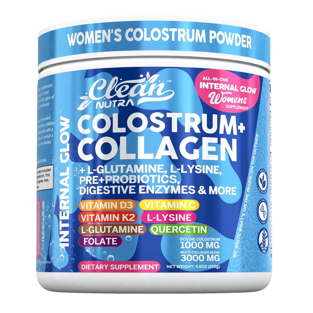 Bovine Colostrum Powder + Collagen Peptide mit L-Glutamin L-Lysine Prebiotics Probiotics Verdauungsenzyme Vitamin D K2 C Quercetin & Folate | Gut Health Supplement Interner Glow von Clean Nutra