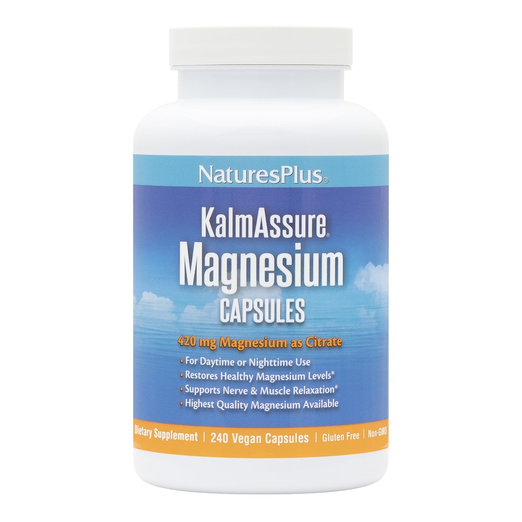Natures Plus KalmAssure Magnesium - 240 capsule vegane - Citrato Magnesio altamente biodisponibile - Supporta la Nerve & Muscle Relax - 60 Serve