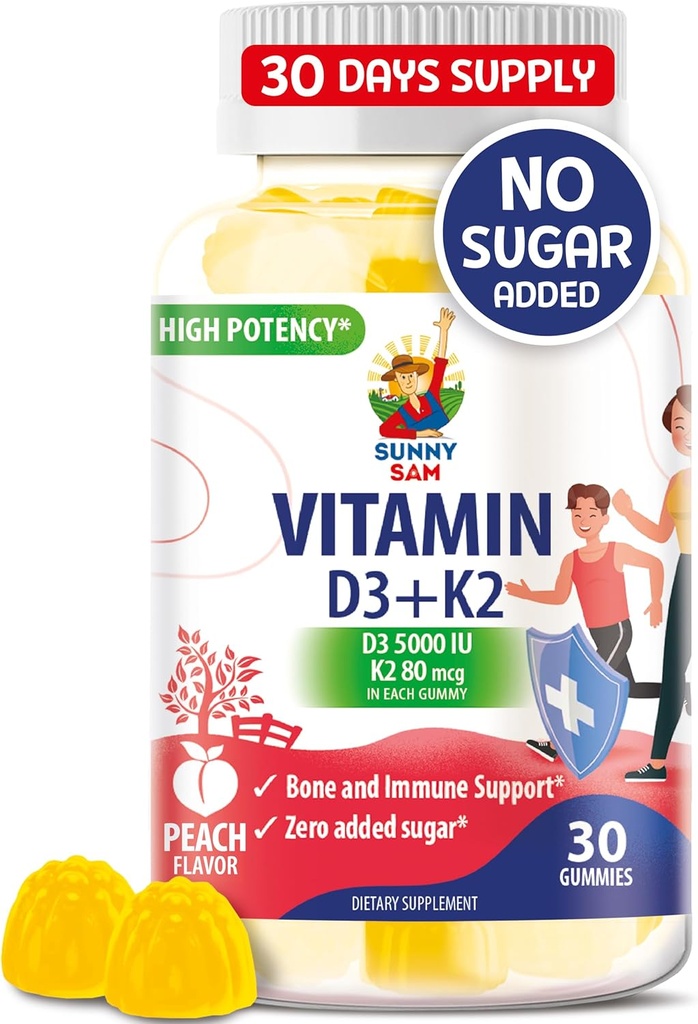 Sugar-Free Vitamin D3 K2 Gummie 5000 IU - Immun- & Knochen-Unterstützungsgummis - Vitamin D-Gummi-Ergänzung für Erwachsene - High-Absorption, Vegan, Halal, Gluten-Free Kaubare Vitamine