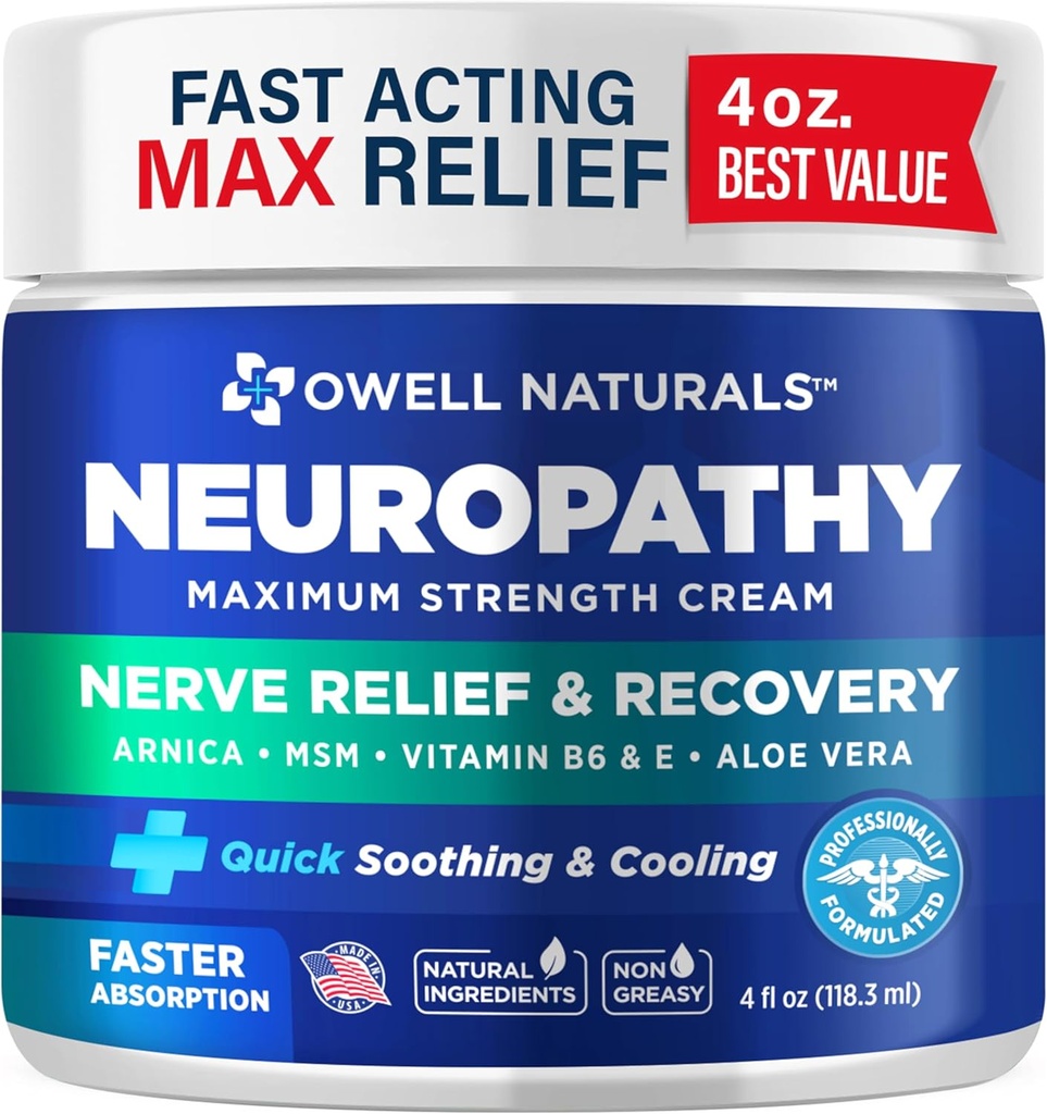 Owell Naturals Neuropathy Nerve Relief Cream, Maximale Stärke, fettfrei, Natürliche Inhaltsstoffe Arnica, Aloe Vera, MSM, Vitamin B6 für Füße, Hände, Beine, Toes Discomfort, 4 Fl Oz (Pack von 1)