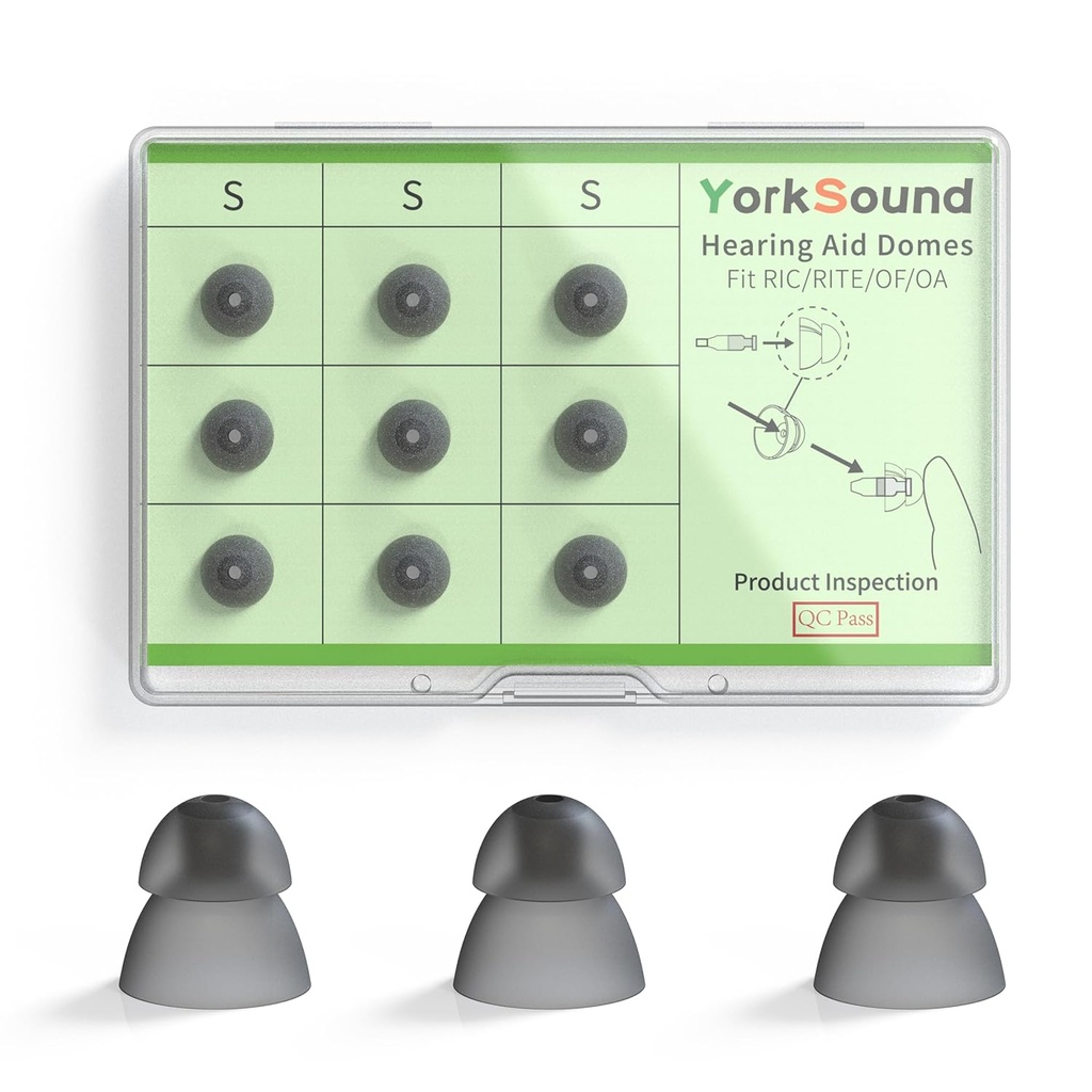 Set di 9 apparecchi acustici Domes, Silicone Power Domes Close Domes Ear Suggerimenti, Hearing Aid Sostituzione Domes, Sure Fit RIC RITE e Open Fit BTE Hearing Amplificatore, Smoky Color, Piccolo