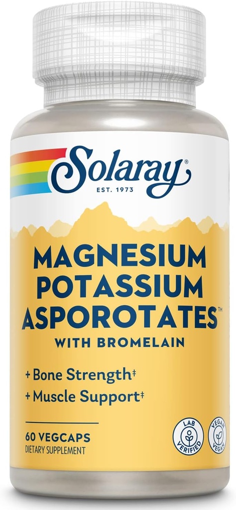 Solaray Magnesium and Potassium Asporotates w/Bromelain, Healthy Electrolyte, Muscle, Heart & Cellular Support, 60 VegCaps