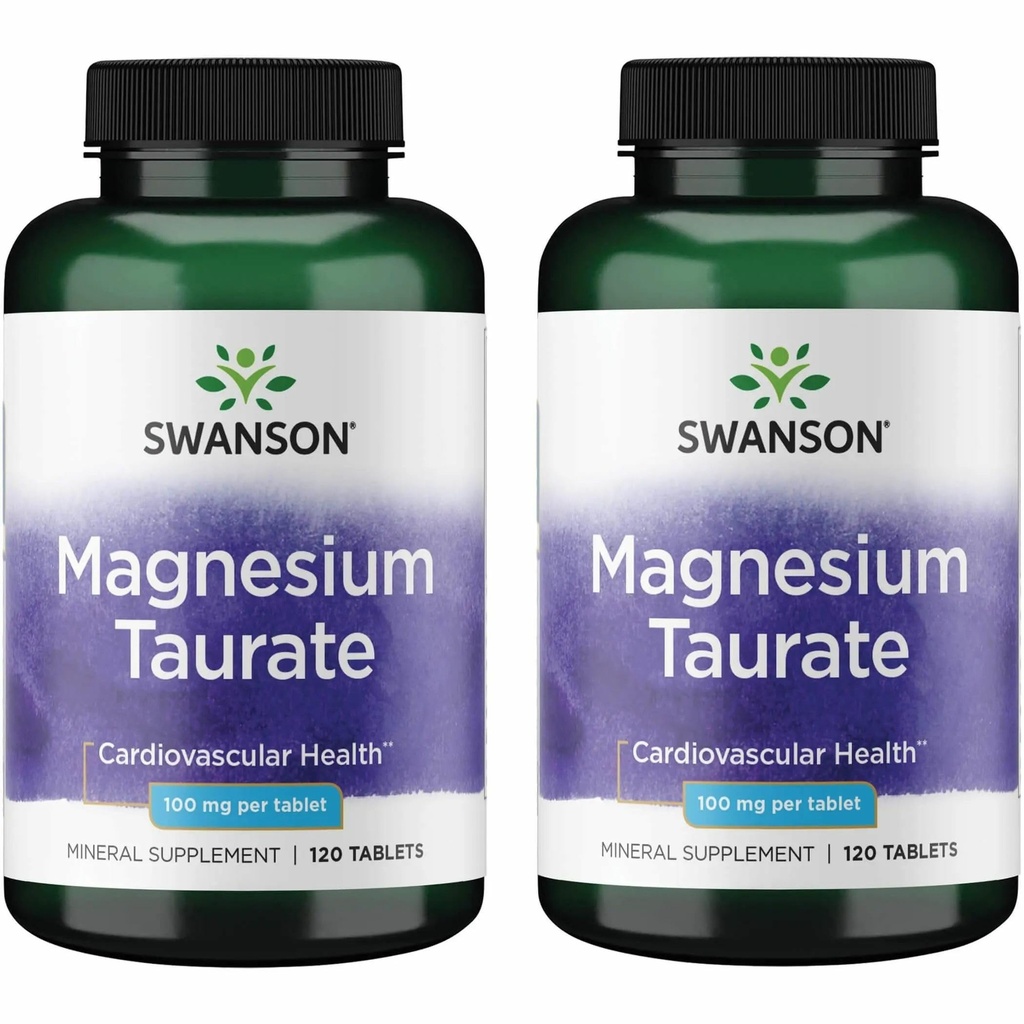Swanson Magnesium Taurate Bone and Muscle Support Supplement for Active Adults Seeking Daily Magnesium - 100 mg per Tablet (120 Vegan Tablets, 2 Pack)