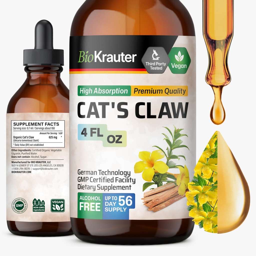BIO KRAUTER Katzenkralle - Flüssige Katzen Kralle Kräuter für Immununterstützung - Alkohol & Zuckerfrei - Vegan Tropfen 4 Fl.Oz.