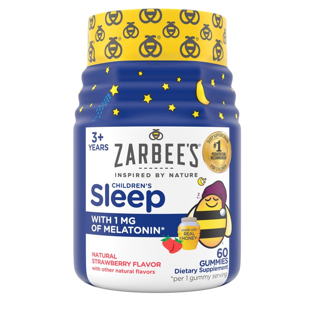 Zarbee's Kids Melatonin Gummies con 1mg Melatonin, Kids Sleep Gummy, promuove il sonno tranquillo, Droga-Free, Non-Habit-Forming, Fragola naturale, 60 ct