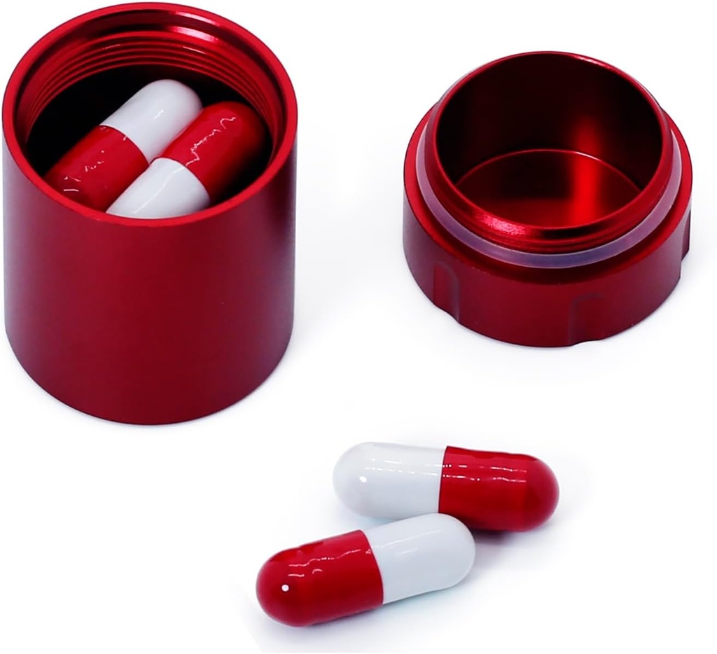 Portable Metall kleine Pille Case, Aluminiumlegierung runde Pille Box für Reisen, Wasserdichte Pille Box Organizer, Tasche Daliy Pillenhalter Pillenbehälter für Medizin Vitamin Fish Oils (Red)