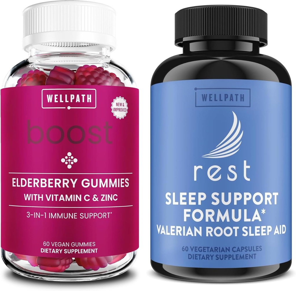 WellPath Elderberry Gummies con Zinc + Rest Valerian Root Sleep Aid for Adults with Melatonin & L-Theanine, 60 Ct