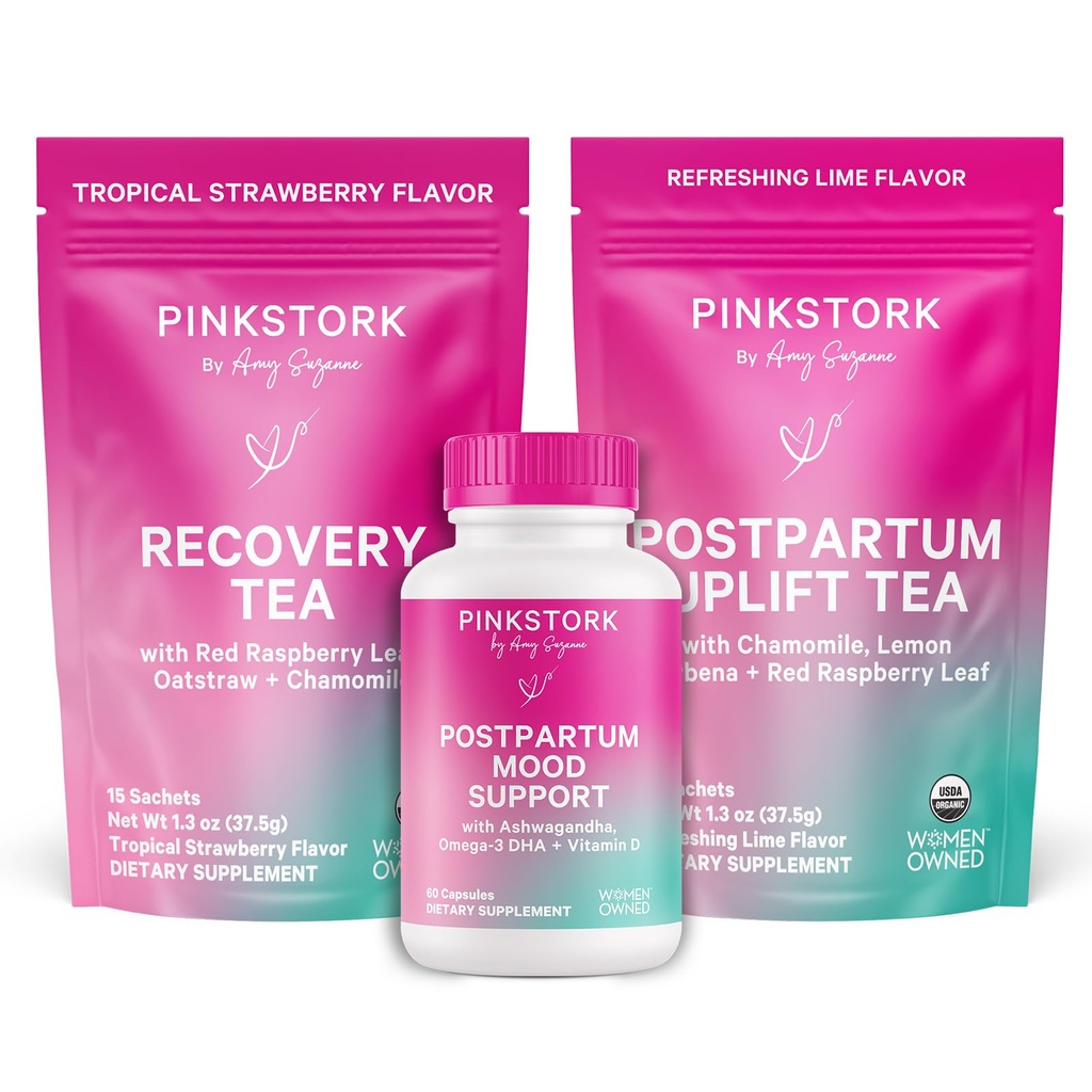 Pink Stork Ensemble d'essentiels postpartum – Hormone Balance, Recovery & Mood Support for New Moms – Vitamines postnatales Ashwagandha + Thés à base de plantes pour le stress, l'énergie, le sommeil – Ensemble cadeau – végétalien, biologique
