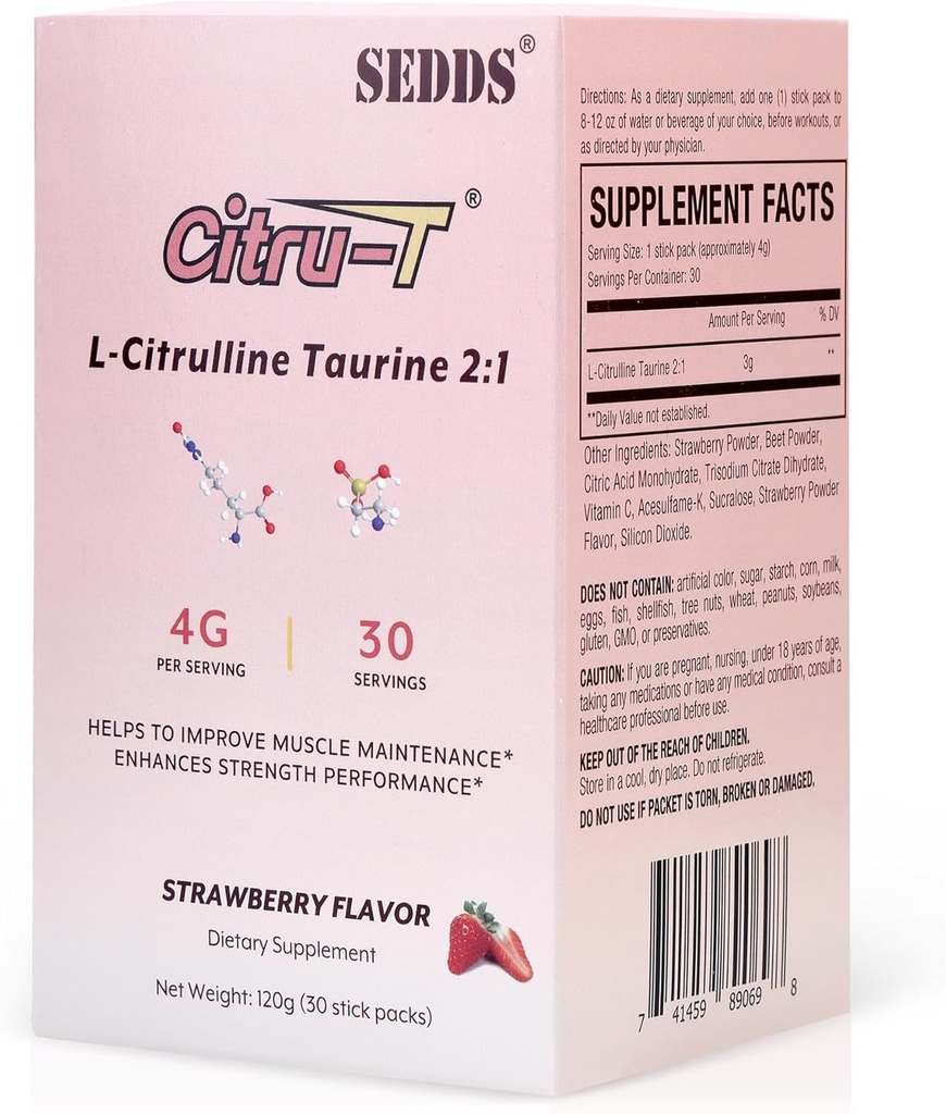 L-Citrulline Taurine 2:1, Erdbeer-Flavored L Citrulline Pulver Citrulline Ergänzungen, Vegan Taurine Pulver, Koffeinfrei, Glutenfrei, 30 Pack