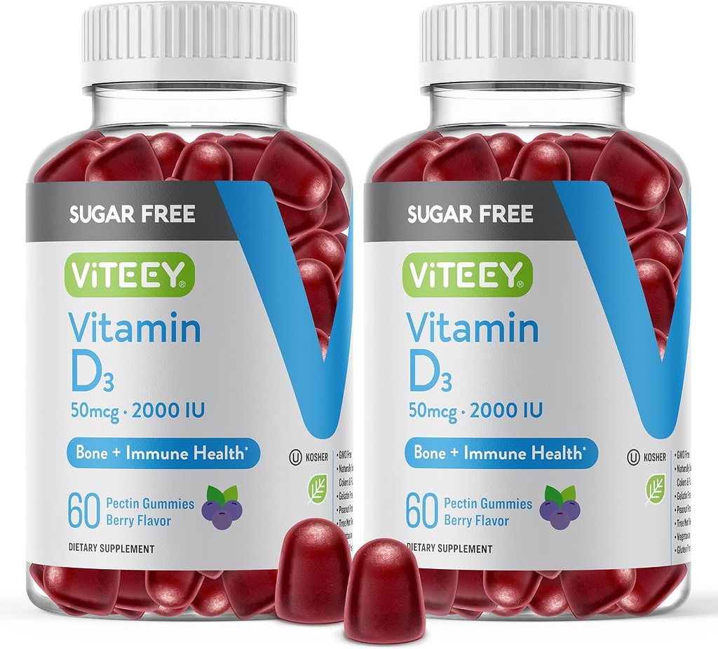 Viteey Vitamin D3 Gummies per adulti e adolescenti - 2.000 UI, 50mcg - Sugar Free, Bone, Joint & Muscle Health, Immune Boost - Vegetariano, Gelatin Free, OGM Free - Tasty Chewable Berry Gummy aromaed