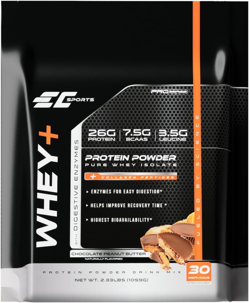 CE Sports Whey+ Protein Powder, Chocolate Peanut Butter Mix w/Digestive Enzymes - Integratore isolato, Peptidi di collagene w/Swift Reform - 30 Serve