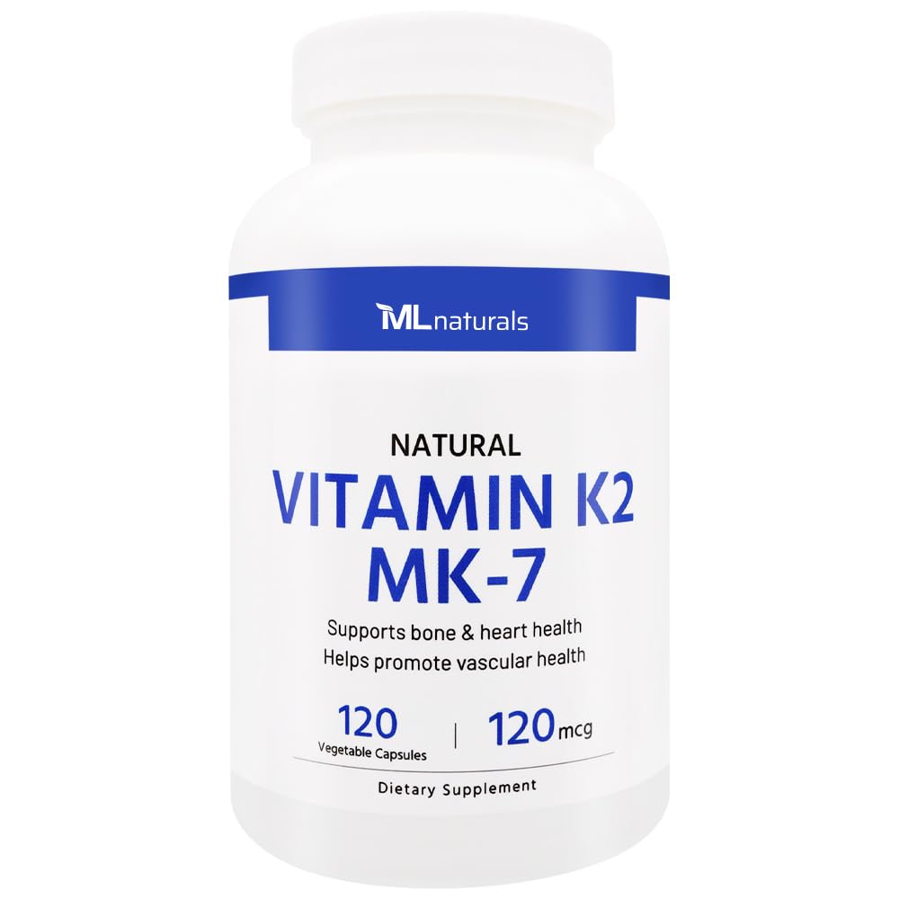 ML Naturals Vitamin K2 MK-7 120 mcg 120 capsule vegetali. Natural MK-7/99% All-Trans MK-7. Supporta Bone & Heart Health, aiuta a promuovere la salute vascolare, NSF-Certified & cGMP-Compliant.