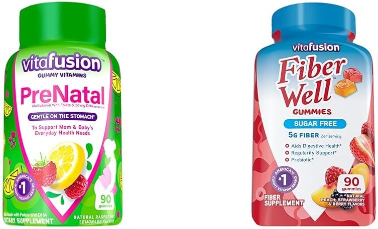 Vitafusion PreNatale Gummy Vitamine, Himbeere Lemonade Flavored, Schwangerschaft Vitamine für Frauen & Fiber Well Zucker kostenlose Faserergänzung, Peach, Erdbeere und BlackBerry Flavored