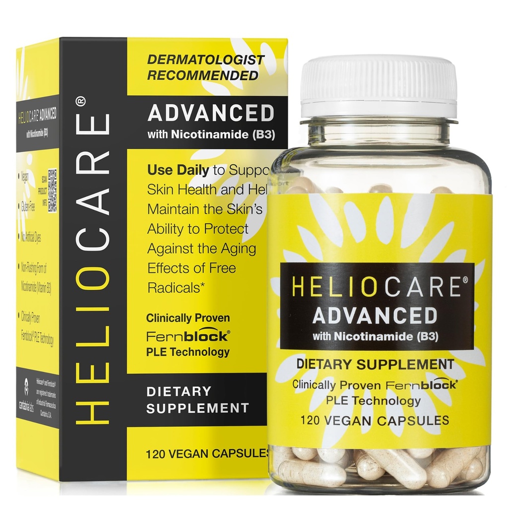 Heliocare Advanced Niacin B3 Supplement: Fernblock PLE Extrakt 240mg Pro Servieren - Unterstützt Hautzellengesundheit W/Antioxidant Reiches Vitamin B3 Niacin 500 mg - 120 Vegan Kapseln