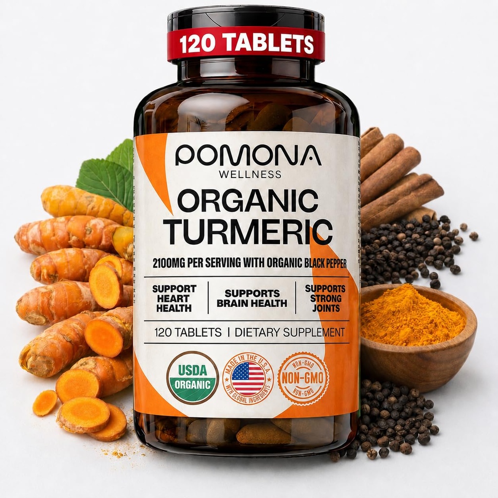Pomona Wellness Organic Turmeric Supplement 2100 mg, USDA Organic, Non-GMO, Vegan, Kurkuma mit schwarzem Pfeffer für Absorption, für Gelenkunterstützung und Immunität, 120 Tabletten