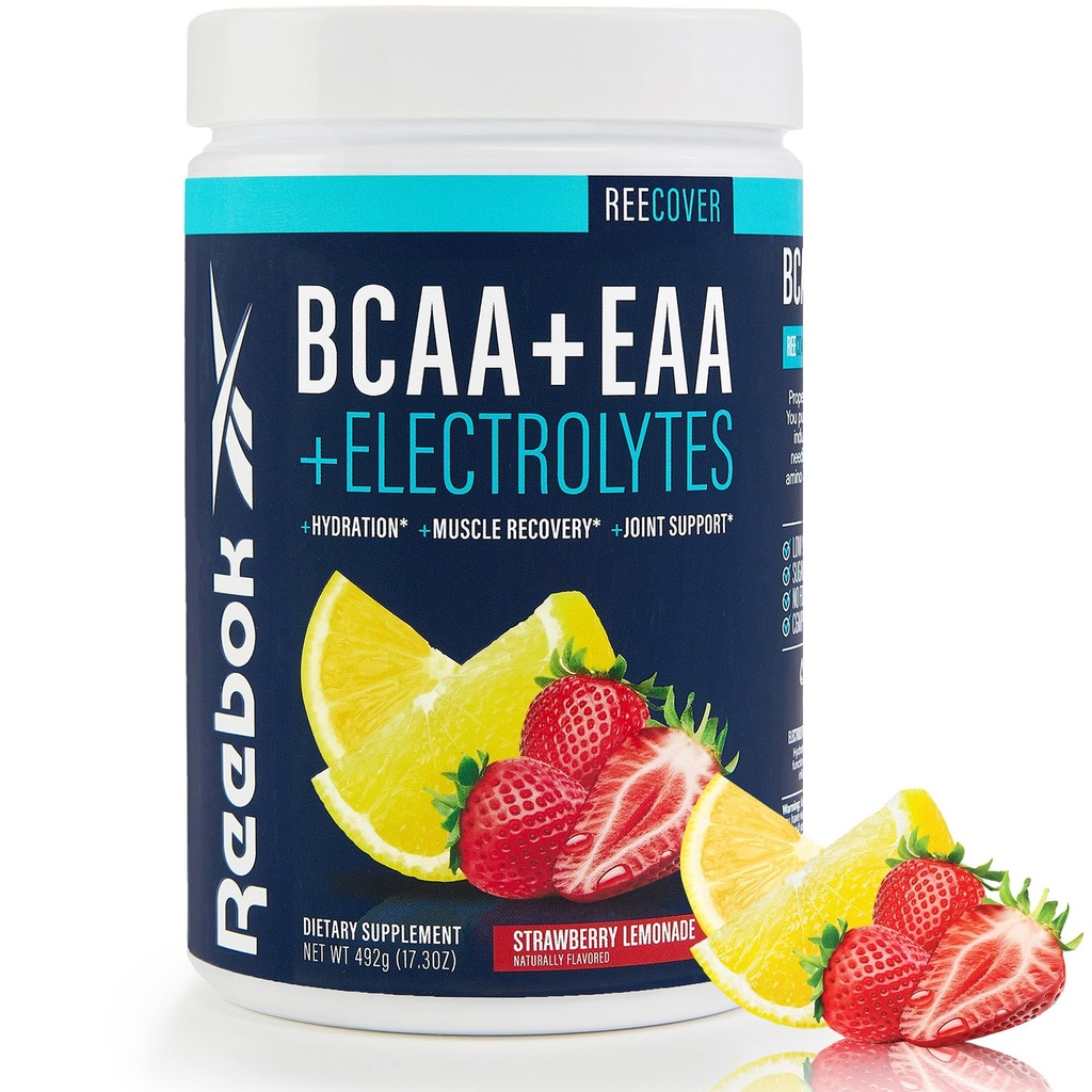 Reebok REECover Aminosäuren + Elektrolyte | 8g EAAs, 5g BCAAs, Hydration Matrix | Muskelrückgewinnung, Stärke | Post-Workout Unterstützung | 30 Servietten | Erdbeer-Lemonade